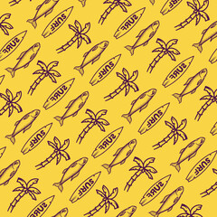Summer pattern line art. palm tree. fish. surfboard. vector illustration