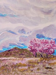 sfondo panoramma dipinto tela primavera alberi fiori rosa 