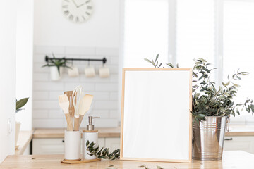 Mock up frame in kitchen interior background. Scandinavian home design.