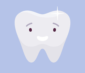 White healthy happy giant tooth, clean and strong stomatology symbol. Smiling face, result of careful toothbrushing routine, good oral care, hygiene, treat without caries, decay. Vector illustration