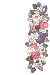 Bright floral frame. Valentine's Day elements. Valentines day greeting card. The frame is decorated. The frame is decorated on one side. All objects separate. Vector. Hand-drawn.