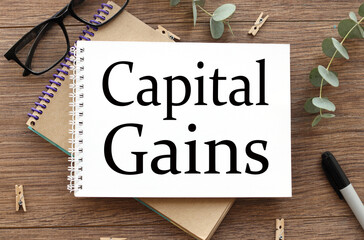 Capital Gains. notepad on a wooden background. inscription in the center of the template