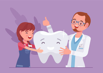 Child girl, happy dentist doctor and healthy clean tooth. Male stomatologist giving little child medical examination of dental treatment, good medical consultation. Vector illustration