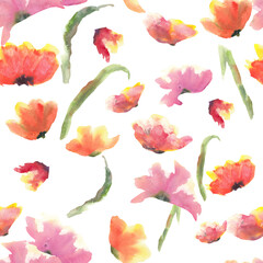 Watercolor poppy flower seamless pattern on white background, watercolor hand drawn