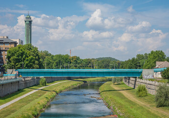 New town hall of Ostrava city and Ostravice river in Czech Republic