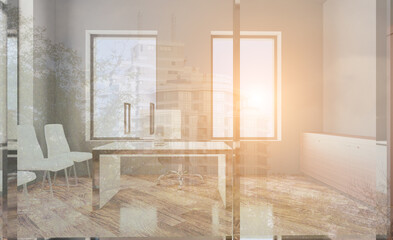 Elegant office interior. Mixed media. 3D rendering.. Sunset.