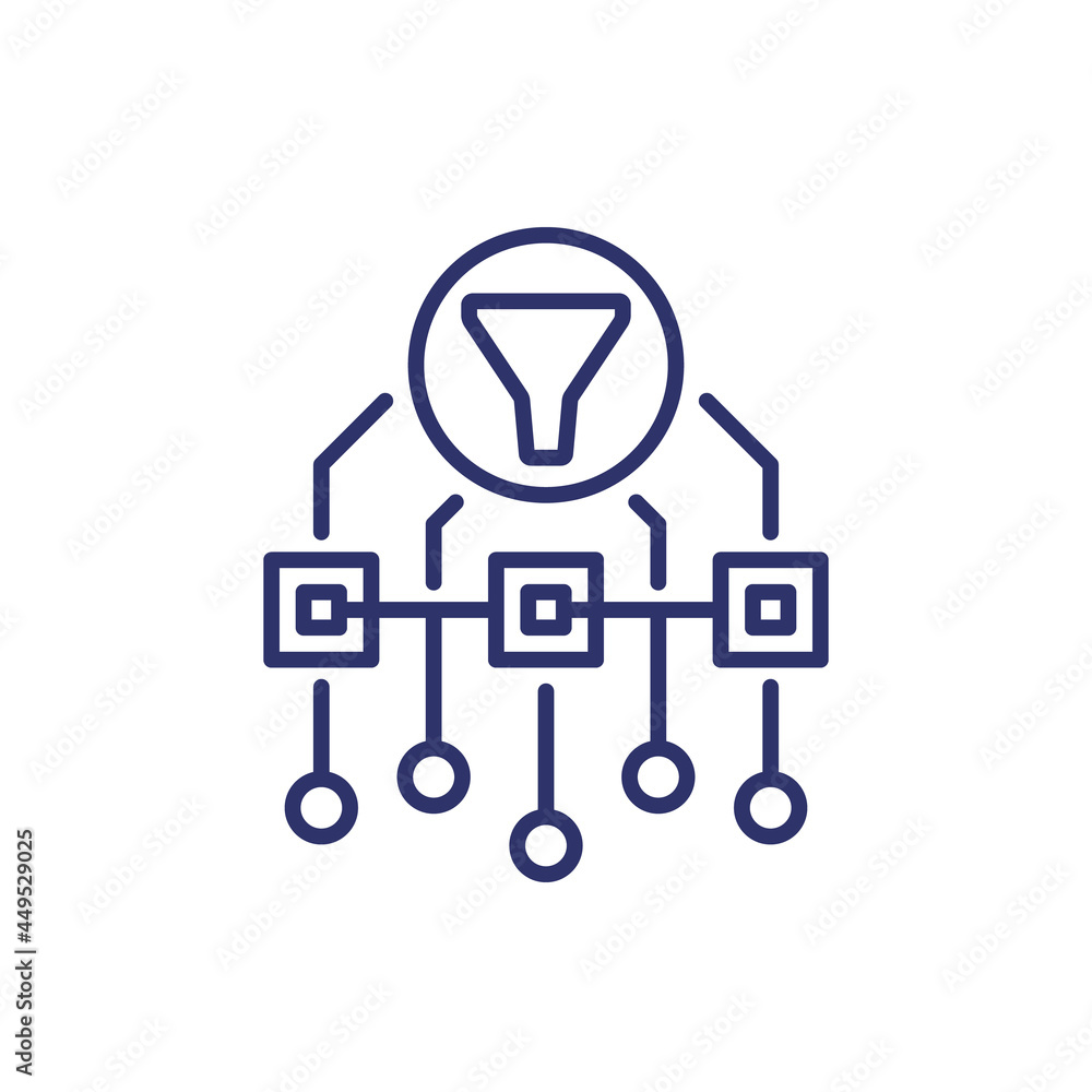 Poster data filtering line icon with funnel