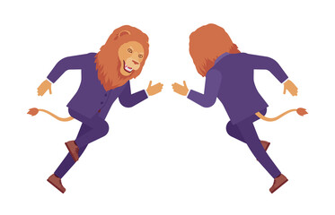 Male lion, large wild animal head, tail human running fast. Strong dangerous business person with great physical power, courage, office king. Vector flat style cartoon illustration, front, rear view