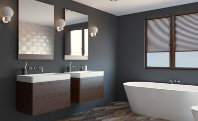 Spacious bathroom in gray tones with heated floors, freestanding tub. 3D rendering.
