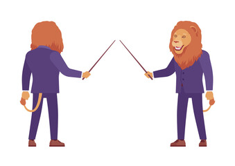 Male lion, large wild animal head, tail human with pointer. Strong dangerous business person with great physical power, courage, office king. Vector flat style cartoon illustration, front, rear view