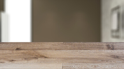 Background with empty wooden table. Flooring. Scandinavian bathroom, classic  vintage interior design. 3D rend
