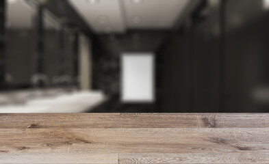 Background with empty wooden table. Flooring. Contemporary interior of public toilet. 3D rendering.. Blank pai