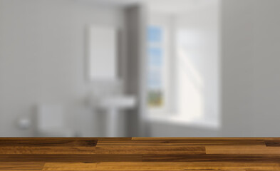 Background with empty table. Flooring. Scandinavian bathroom, classic  vintage interior design. 3D rend