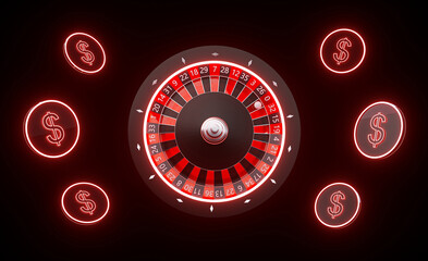 Casino Gambling Concept. Roulette Wheel And Dollar Coins With Modern Futuristic Red Neon Lights - 3D Illustration