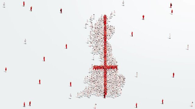 England Map and Flag. A large group of people in the England flag color form to create the map. Vector Illustration. 4K Animation Video.