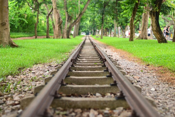 Fototapeta premium Narrow-gauge railway in a park among trees, near lawns and an alley