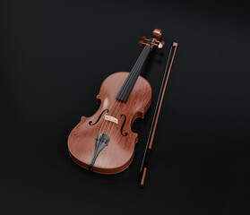 Music instriument, single violing and string in a dark studio, 3d rendering