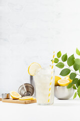 Healthy vitamin lemon drink cooking in soft light white kitchen with marble tile, green leaves in sunlight or outdoor  - fresh natural lemonade with ice, ingredients on white wood table, vertical.