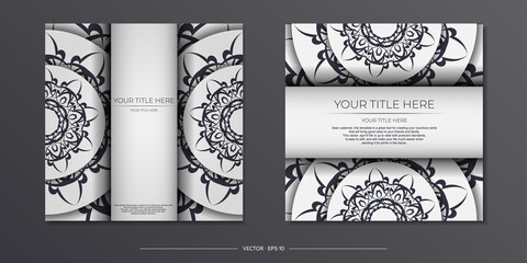 Luxurious Preparation of white postcards with vintage black patterns. Template for printing invitation design with mandala ornament.