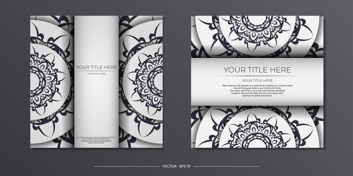 Luxurious Preparation of white postcards with vintage black patterns. Template for printing invitation design with mandala ornament. - Powered by Adobe