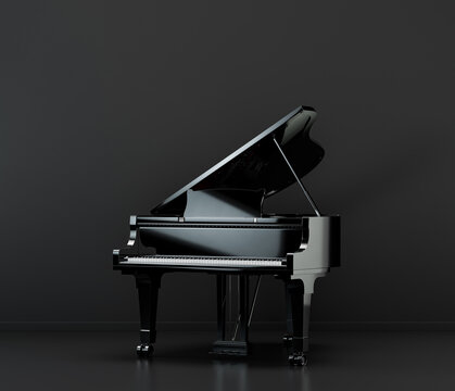 Music instriument, black grand piano in a dark studio, 3d rendering