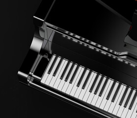 Music instriument, black grand piano in a dark studio, 3d rendering