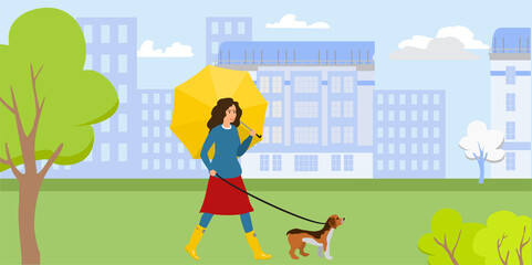 Obraz na płótnie Canvas Woman walking with dog in the park. Outdoor activity concept. Walking the dog in the rain. A girl in bright yellow rubber boots with an umbrella. Vector illustration.