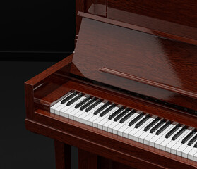 Music instriument, vintage wooden console piano, upright piano in a dark studio, 3d rendering