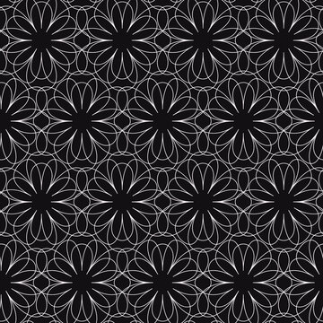 White flower laces petal ornament. Vector black background and white repeated shapes.