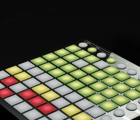 Music instriument, USB MIDI pad controller, drum and effect pad in a dark studio, 3d rendering