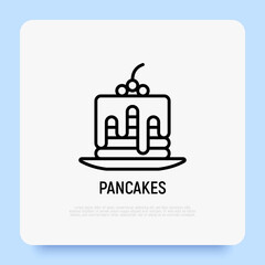 Bakery: stack of pancakes with syrup and berries thin line icon. Confectionery. Modern vector illustration