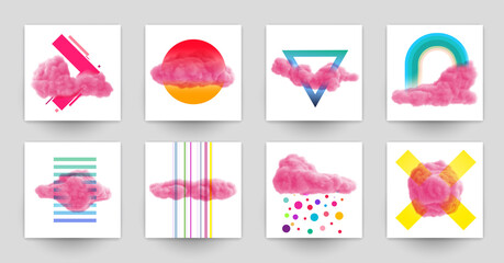 Collection abstract art background with pink cloud and colorful geometric shapes. Set of modern fashion templates for cover, poster, banner. Minimalistic trendy vector illustrations.