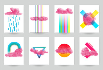 Collection abstract art background with pink cloud and colorful geometric shapes. Set of modern fashion templates for cover, poster, banner. Minimalistic trendy vector illustrations.