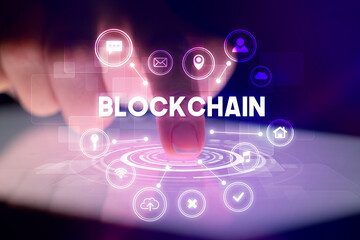 Finger touching tablet with web technology icons concept