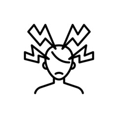 Headache or migraine thin line icon. Mental stress, flashes around human head. Hypertension. Modern vector illustration.