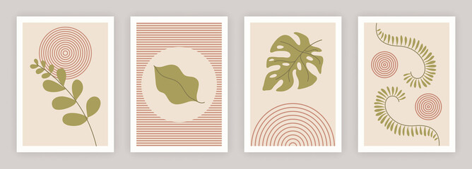 Set of trendy minimalist botanical posters. Green leaves of various shapes, geometric shapes. Abstract collection for wall decoration. Flat line art vector illustrations isolated on white backgroun © Rudzhan