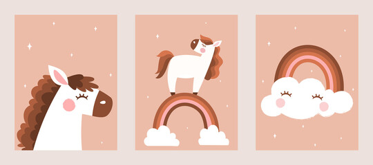 Kids Room Decoration. Cute pony, rainbow and cloud on pink background. Abstract collection of posters for young children. Nursery Wall Art for Baby Boy And Girl. Cartoon flat hand drawn vector set © Rudzhan