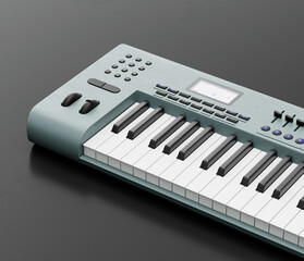 Fototapeta premium Music instriument, Synthesizer, electronic keyboard on the floor in a dark studio, 3d rendering