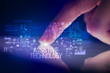 Finger touching tablet with web technology icons concept