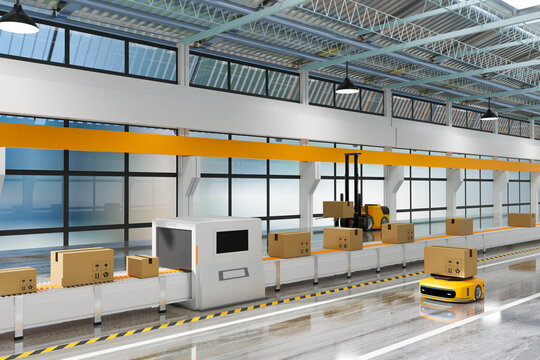 lifting robot working with transfering robot and working line with x-ray box in ware house or store house, logistic technology concept, 3d illustration rendering