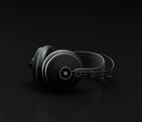 Fototapeta na wymiar Music instriument, professional headphone on the floor in a dark studio, 3d rendering