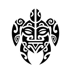 Sea turtle and face maori style tattoo. Editable sea turtle element, can be used as logotype, icon, template in web and print. Diving logo. - obrazy, fototapety, plakaty