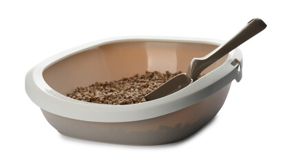 Beige cat litter tray with filler and scoop isolated on white