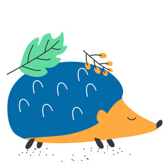 One cute orange-blue hedgehog with a green leaf and berries on thorns, isolated on a white background. Vector illustration is great for fabric, textiles, prints, T-shirts