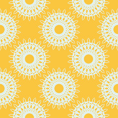 Yellow dewy seamless pattern with white vintage ornaments. Wallpaper in a vintage style template. Indian floral element. Graphic ornament for wallpaper, fabric, packaging.