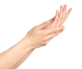 Young woman applying something onto her hands on white background, closeup