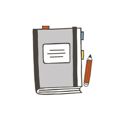 Grey notebook and red pencil vector illustration. Isolated vector school or office stuff. 