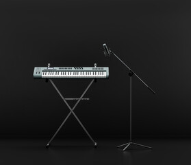 Music instriument, studio keyboard stand and keyboard with microphone on it in a dark studio, 3d rendering