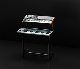 Music instriument, studio keyboard stand and keyboard on it in a dark studio, 3d rendering