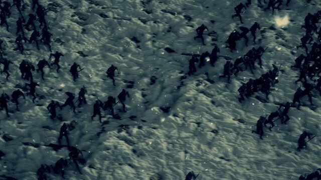 Big Medieval Army Attacking and Charging in a Snowy Battlefield